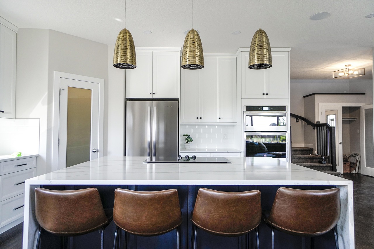 AI-designed modern kitchen with marble countertops